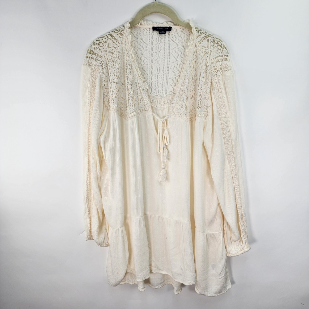 American Eagle Top Women's L Peasant Tassel Tie Cottage Core Boho Beachy